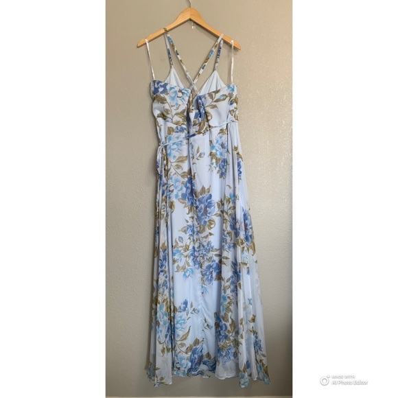 NEW Lulu's White Maxi Dress with Blue Floral Print - Picture 7 of 16